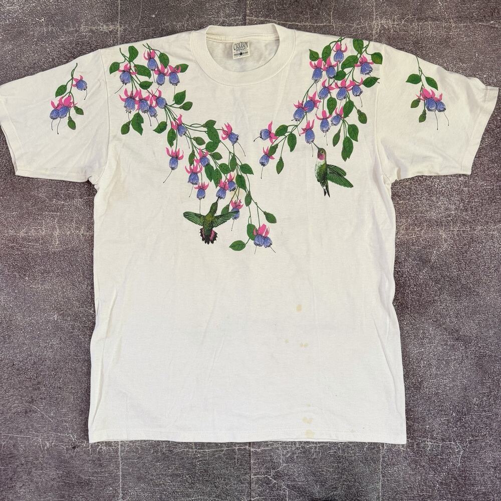Men's Vintage 90's Cotton Grove Humming Bird Floral All Over Print T Shirt Sz L